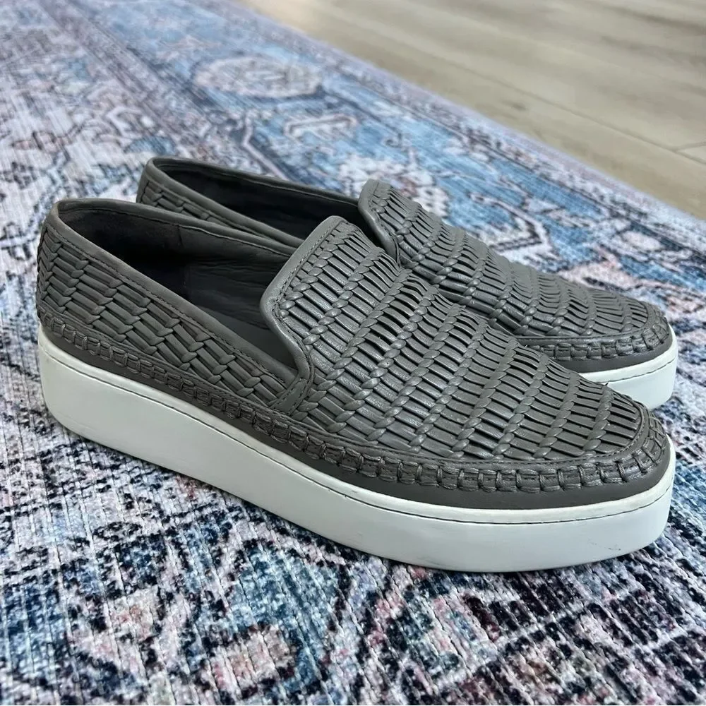 Vince Stafford Woven Slip-On Sneaker Size 8.5 Grey Taupe Leather Shoes